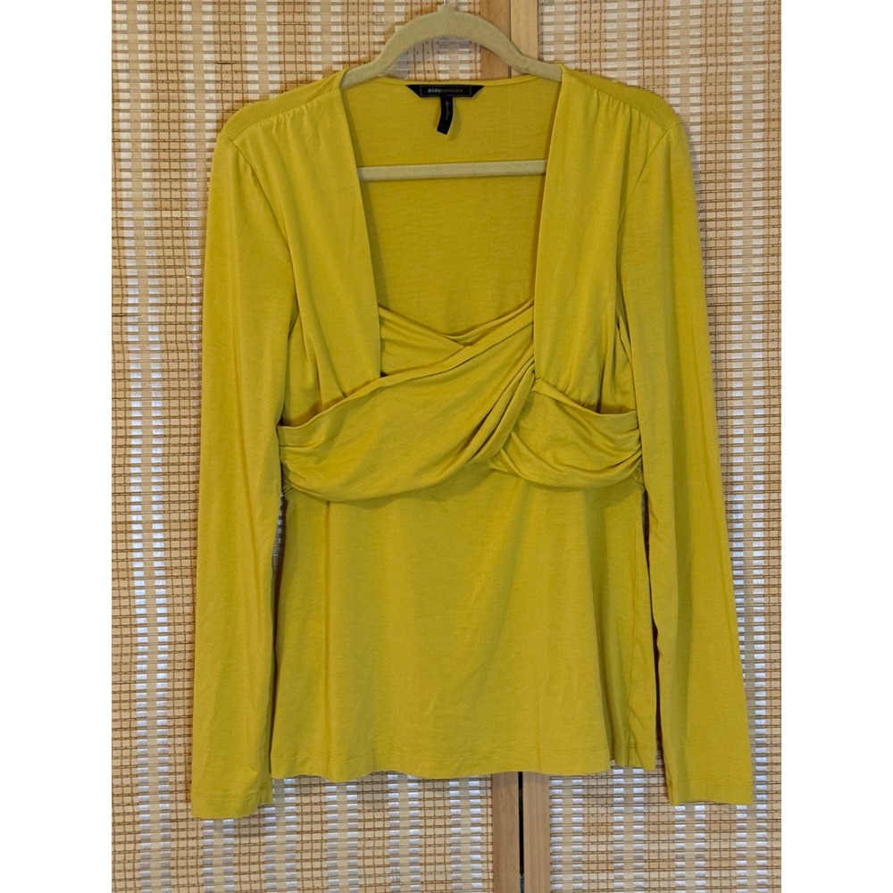BCBGMAXAZRIA Womens L Top Twist Front Long Sleeve Mustard Yellow Square Neck